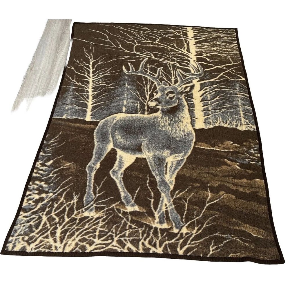 Vintage Revert Deer Elk Acrylic Blanket Hunting Brown Reversible 79" x 53 3/4"